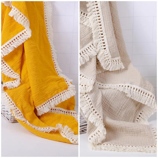 NEW 2 Pack Fringe Muslin Swaddle Blankets