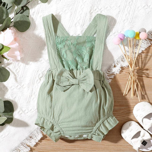 Girls Green Lace Bow Romper