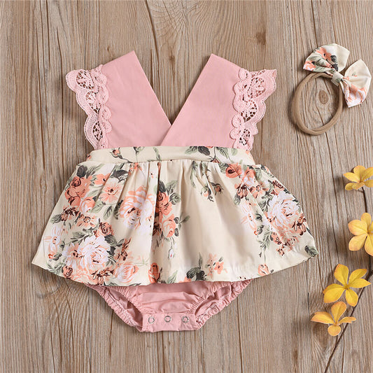 Girls Pink Floral Romper w/ Headband